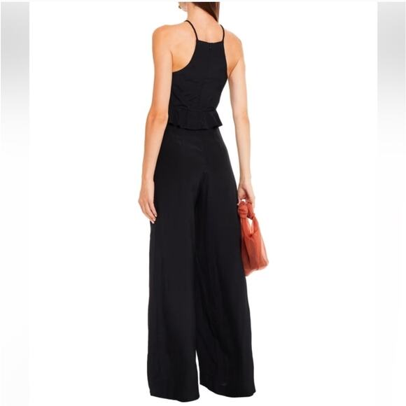 Zimmermann Ruffle Trimmed Silk Crepe De Chine Jumpsuit Size 1/S Black Wide Leg - Picture 2 of 15